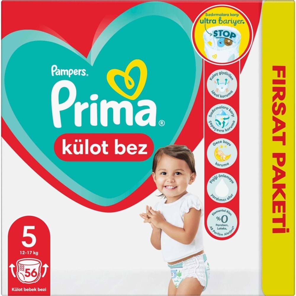 Prima Külot Bebek Bezi 5 Beden 12-17 KG Junior 56 Adet Fırsat Pk