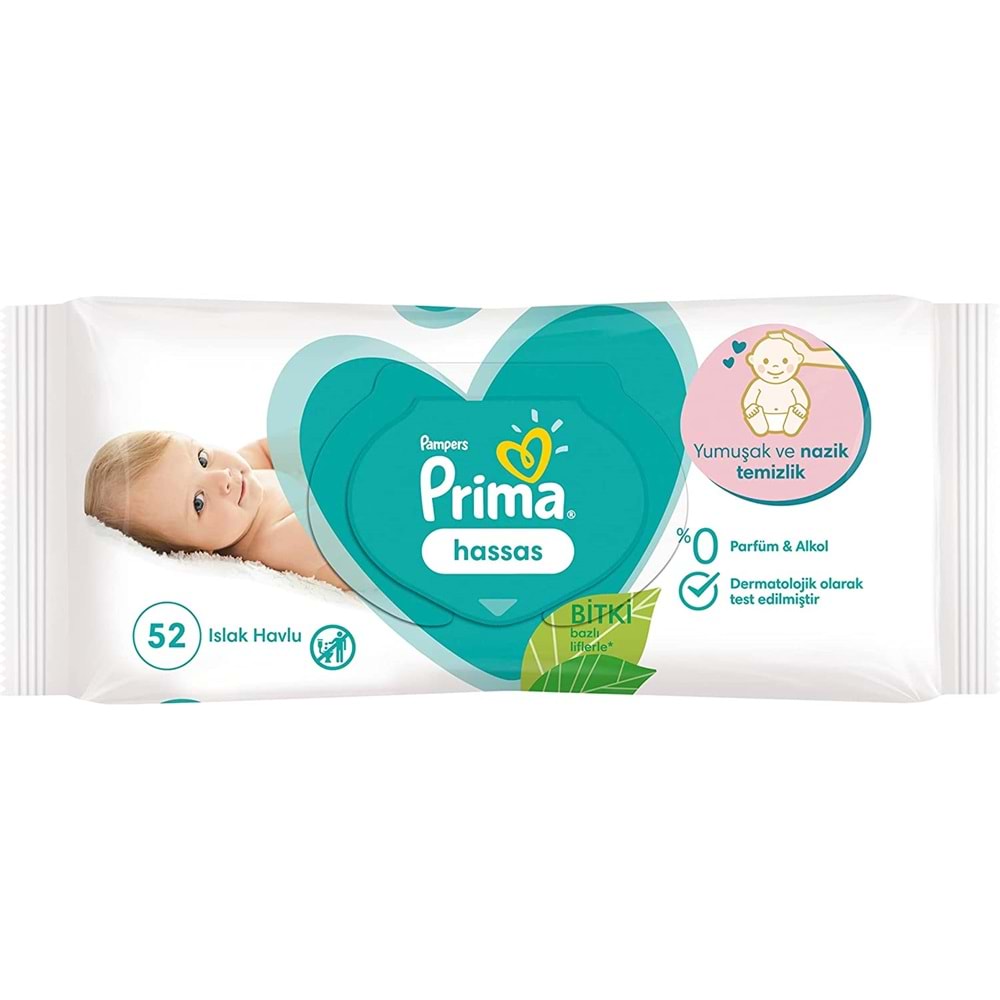 Prima Islak Havlu Mendil Hassas - Sensitive Ciltler İçin Bitki Bazlı Kokusuz 52 Yaprak Tekli Pk