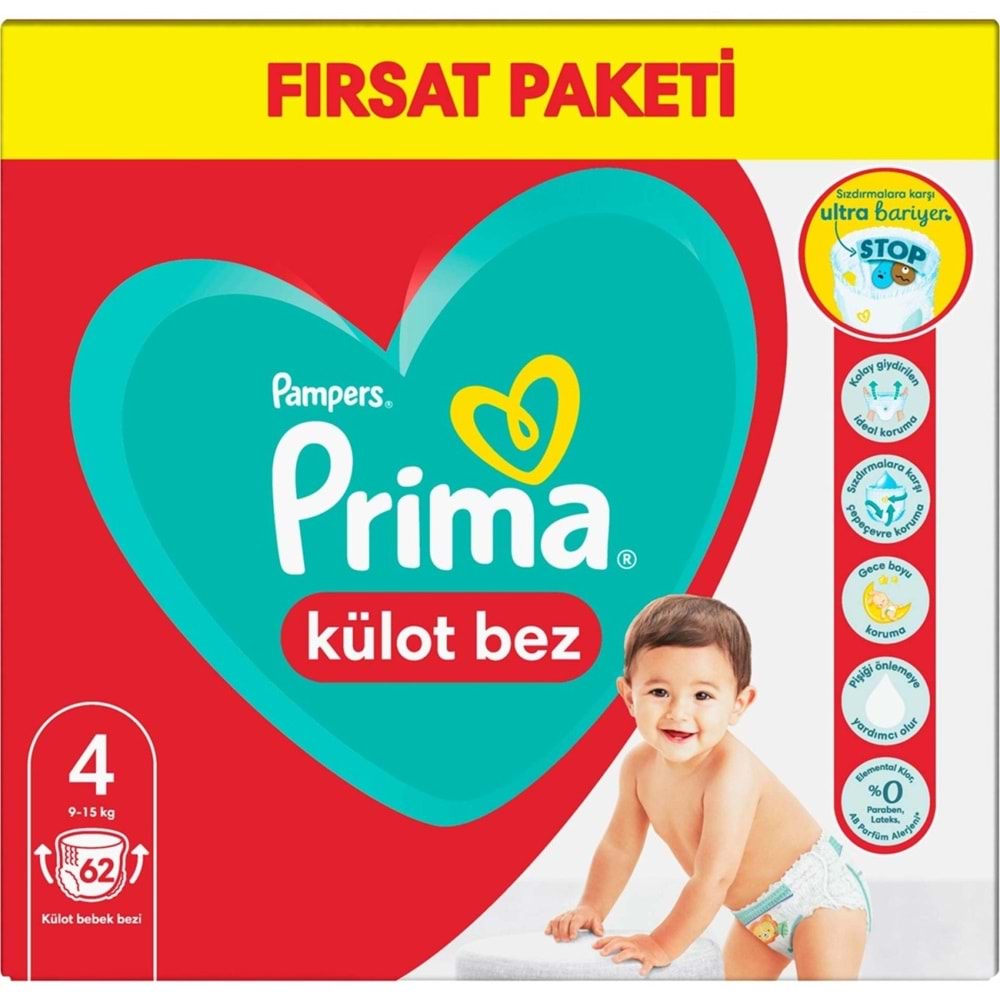 Prima Külot Bebek Bezi 4 Beden 9-15 KG Maxi 62 Adet Fırsat Pk