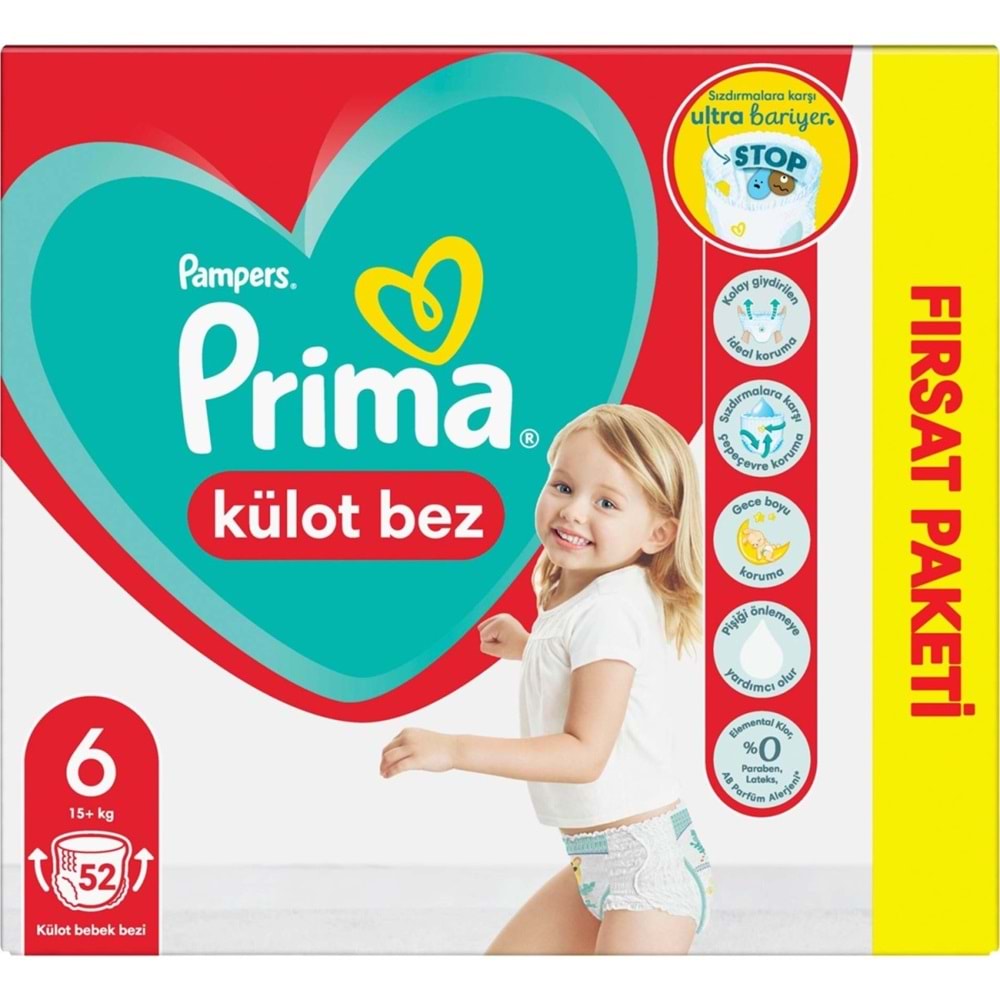Prima Külot Bebek Bezi 6 Beden 15+ KG Extra Large 52 Adet Fırsat Pk