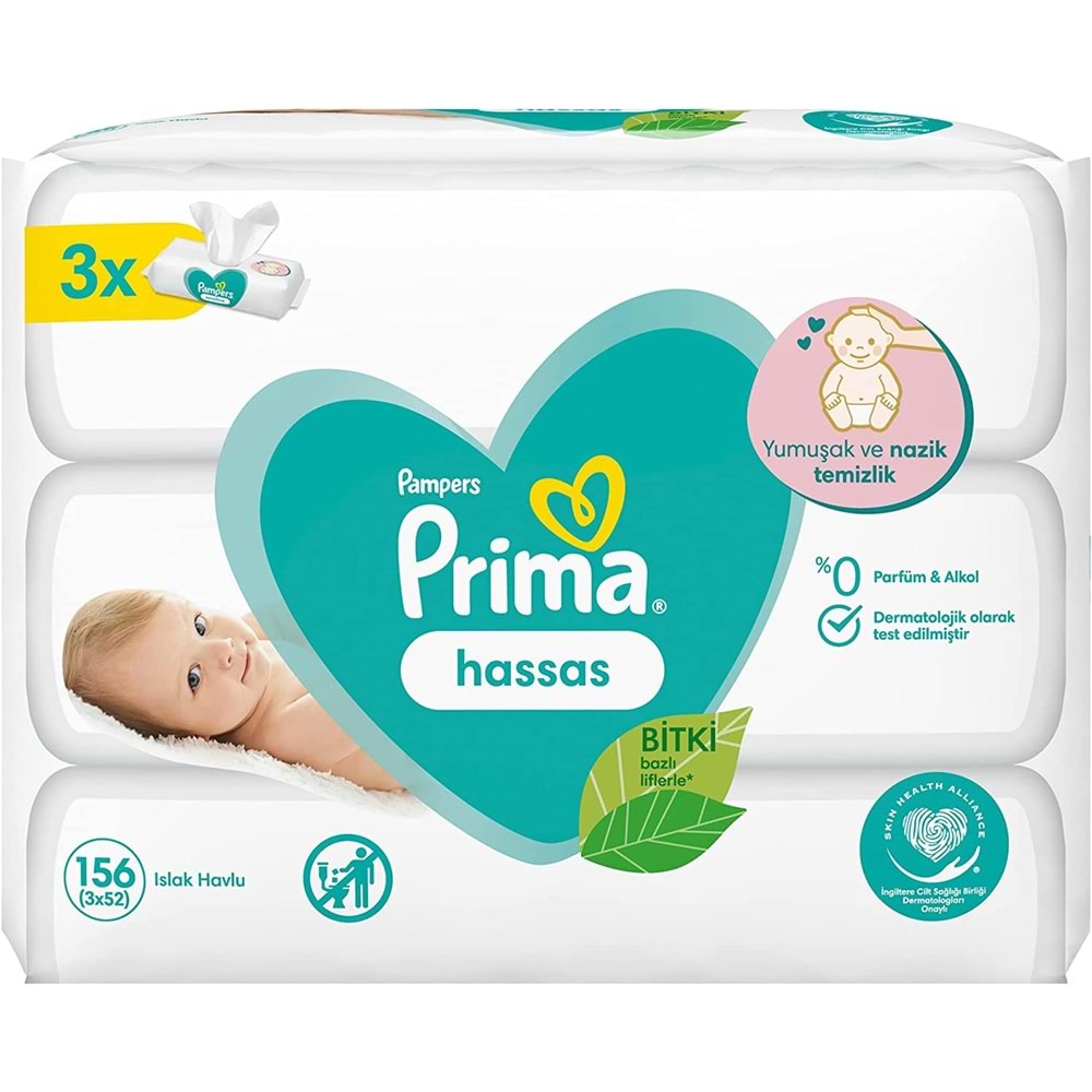 Prima Islak Havlu Mendil Hassas Ciltler İçin Bitki Bazlı Kokusuz 52 Yaprak (3 Lü Pk) 156 Yaprak