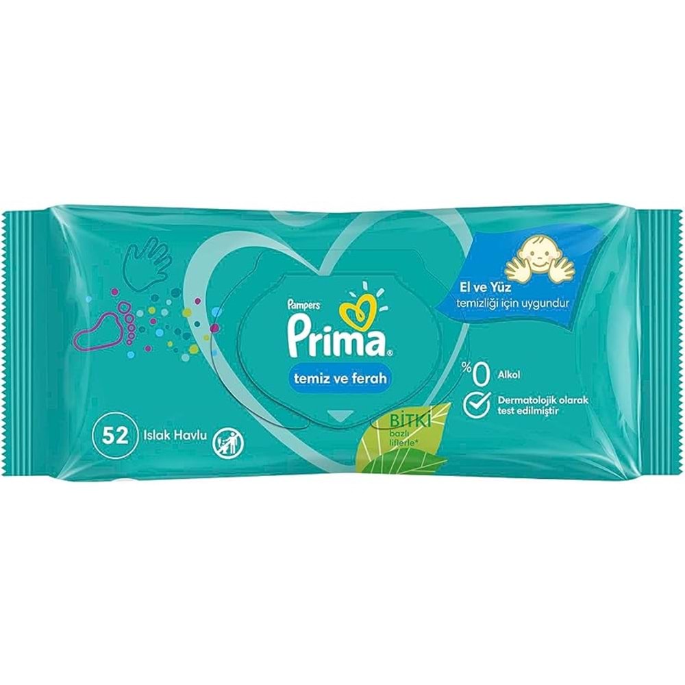 Prima Islak Havlu Mendil Temiz ve Ferah/Fresh Clean 52 Yaprak (Bitki Bazlı) Tekli Pk