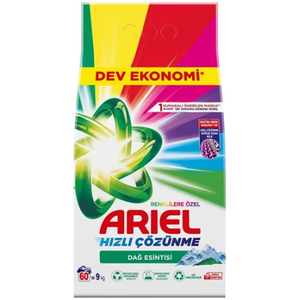 Ariel Matik Toz Çamaşır Deterjanı 9KG Renklilere Özel/Dağ Esintisi (60 Yıkama)