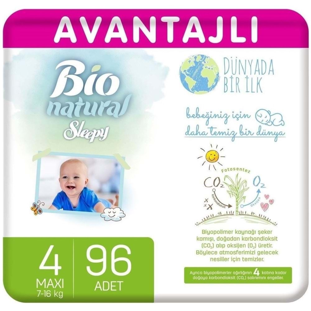 Sleepy Bebek Bezi Bio Natural 4 Beden 7-16 KG Maxi 96 Adet Ultra Pk