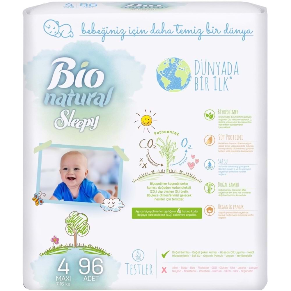 Sleepy Bebek Bezi Bio Natural 4 Beden 7-16 KG Maxi 96 Adet Ultra Pk