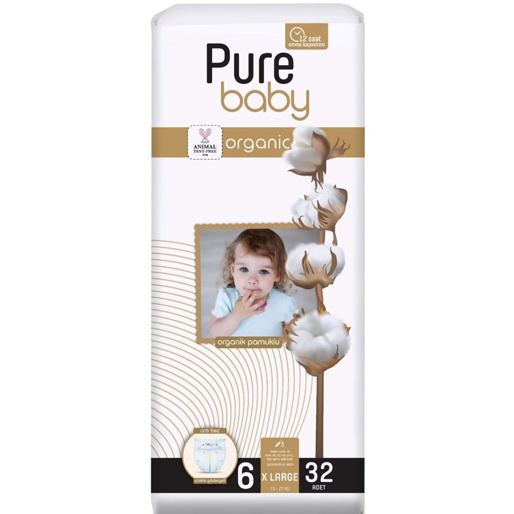 Pure Baby Organik Bebek Bezi 6 Beden 15-27 KG Extra Large 32 Adet Ekonomik Pk