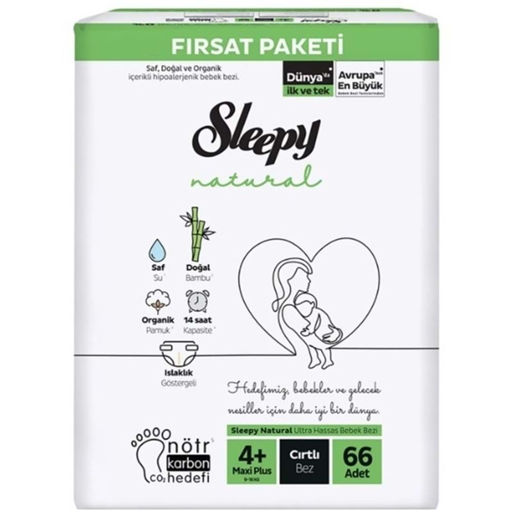 Sleepy Bebek Bezi Naturel 4+ Beden 9-16 KG Maxi Plus 66 Adet Fırsat Pk