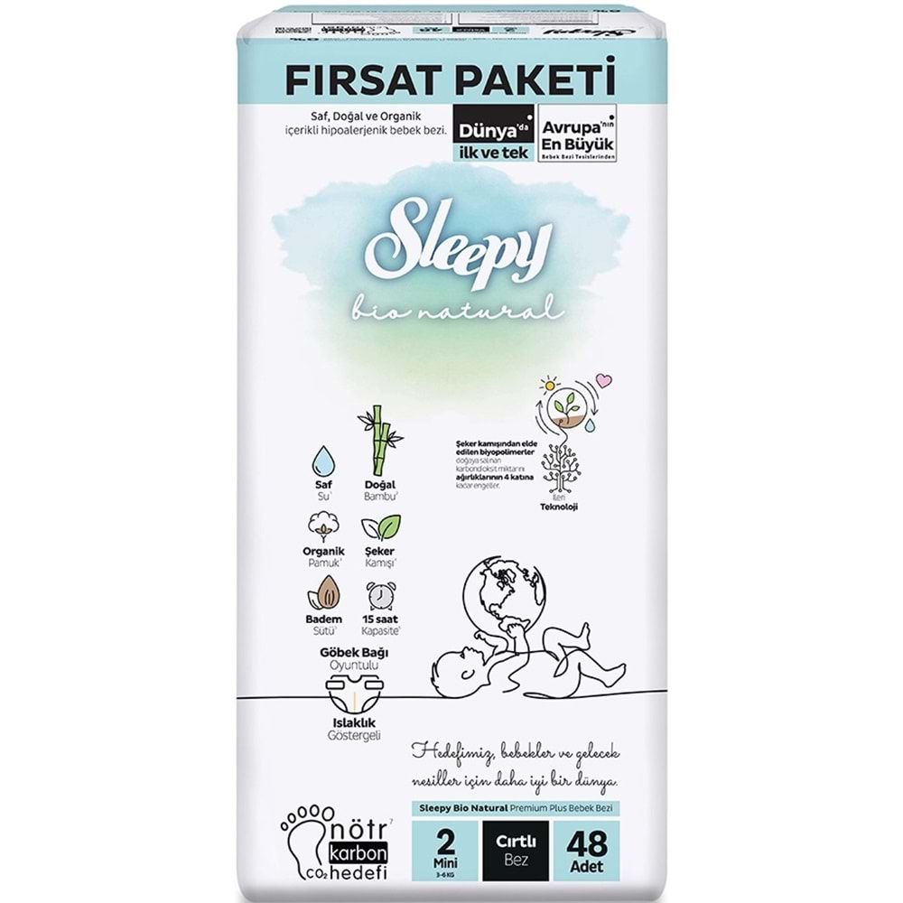 Sleepy Bebek Bezi Bio Natural 2 Beden 3-6 KG Mini 48 Adet Fırsat Pk
