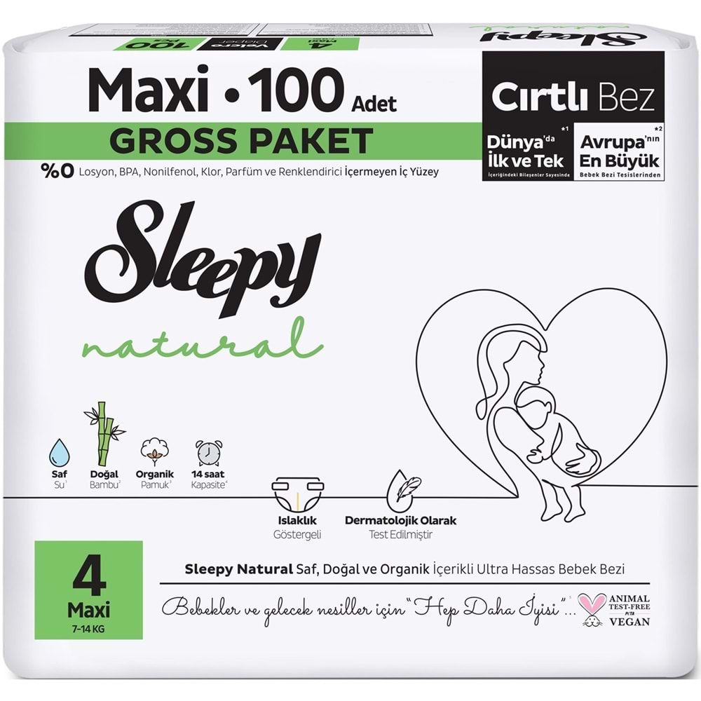 Sleepy Bebek Bezi Natural 4 Beden 7-14 KG Maxi 100 Adet Gross Pk