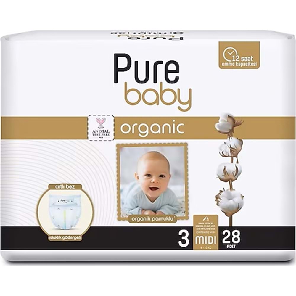 Pure Baby Organik Bebek Bezi 3 Beden 4-10 KG Midi 28 Adet Ekonomik Pk