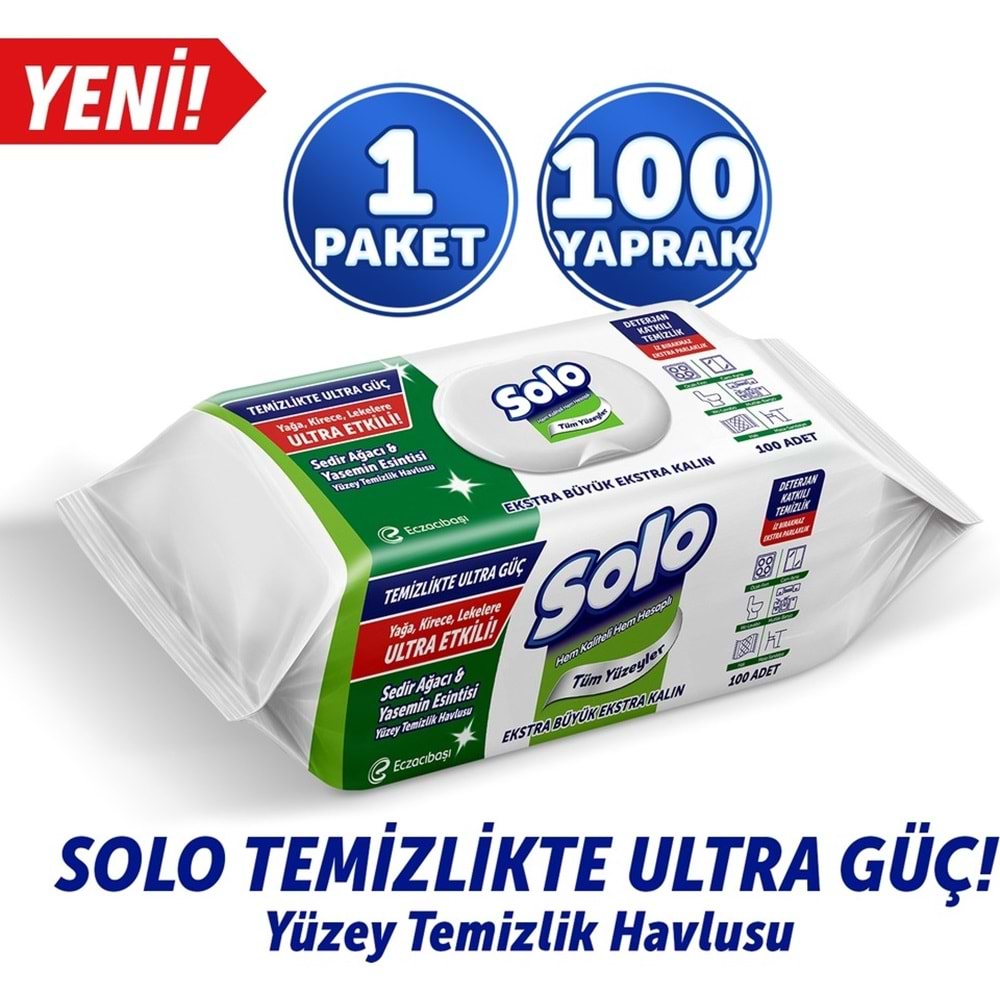 Solo Yüzey Temizlik Havlusu - Mendili 100 Yaprak Sedir Ağacı & Yasemin Esintisi Plastik Kapaklı