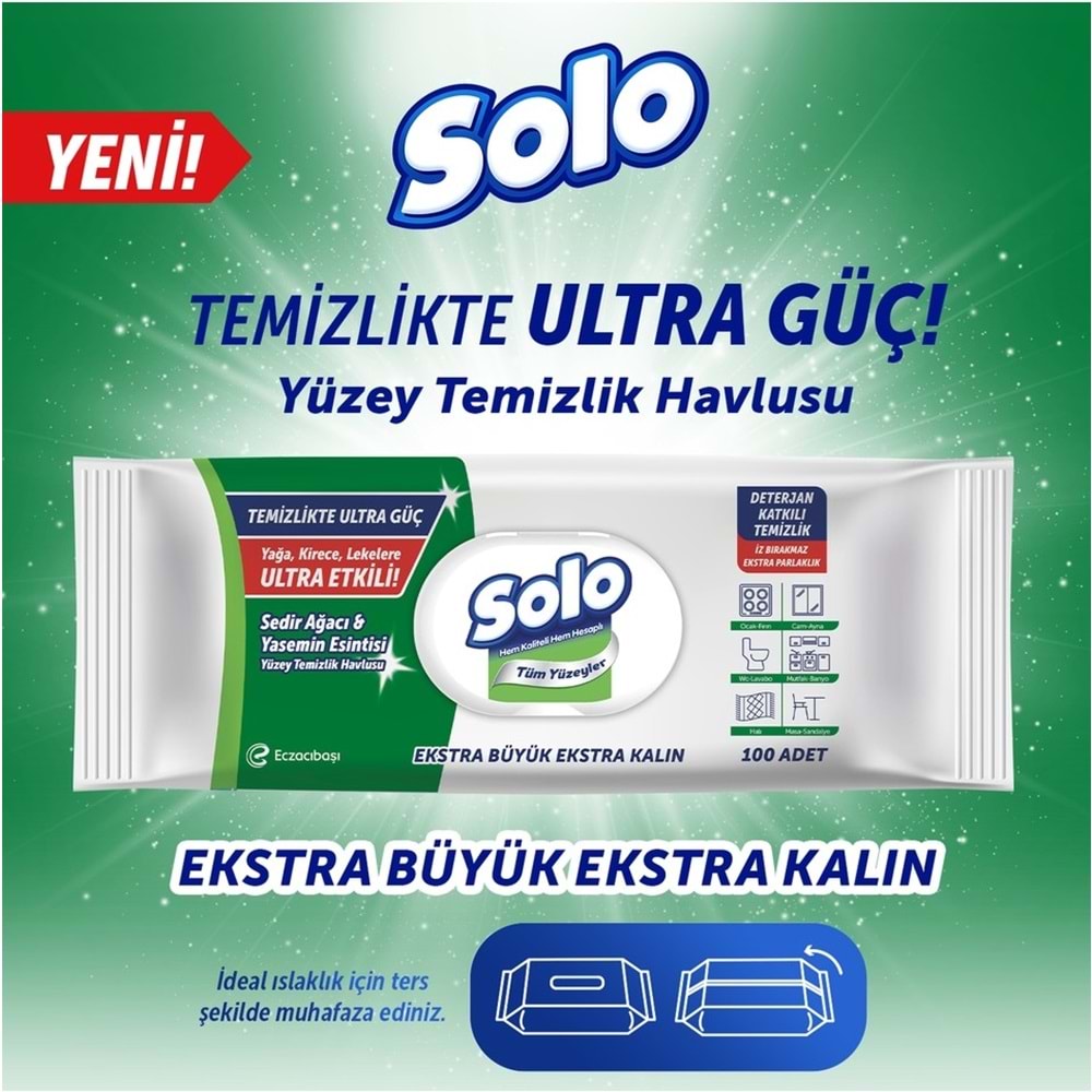 Solo Yüzey Temizlik Havlusu - Mendili 100 Yaprak Sedir Ağacı & Yasemin Esintisi Plastik Kapaklı