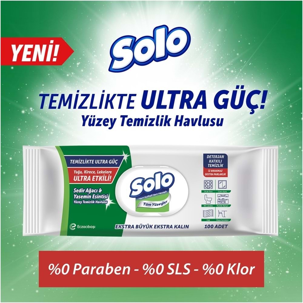 Solo Yüzey Temizlik Havlusu - Mendili 100 Yaprak Sedir Ağacı & Yasemin Esintisi Plastik Kapaklı