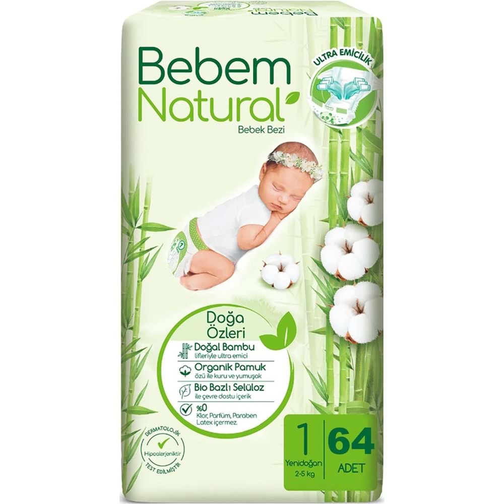 Bebem Bebek Bezi Natural 1 Beden 2-5 KG Yenidoğan 64 Adet Fırsat Pk