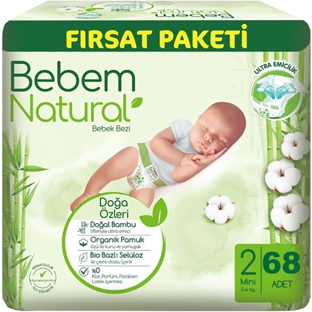 Bebem Bebek Bezi Natural 2 Beden 3-6 KG Mini 68 Adet Fırsat Pk