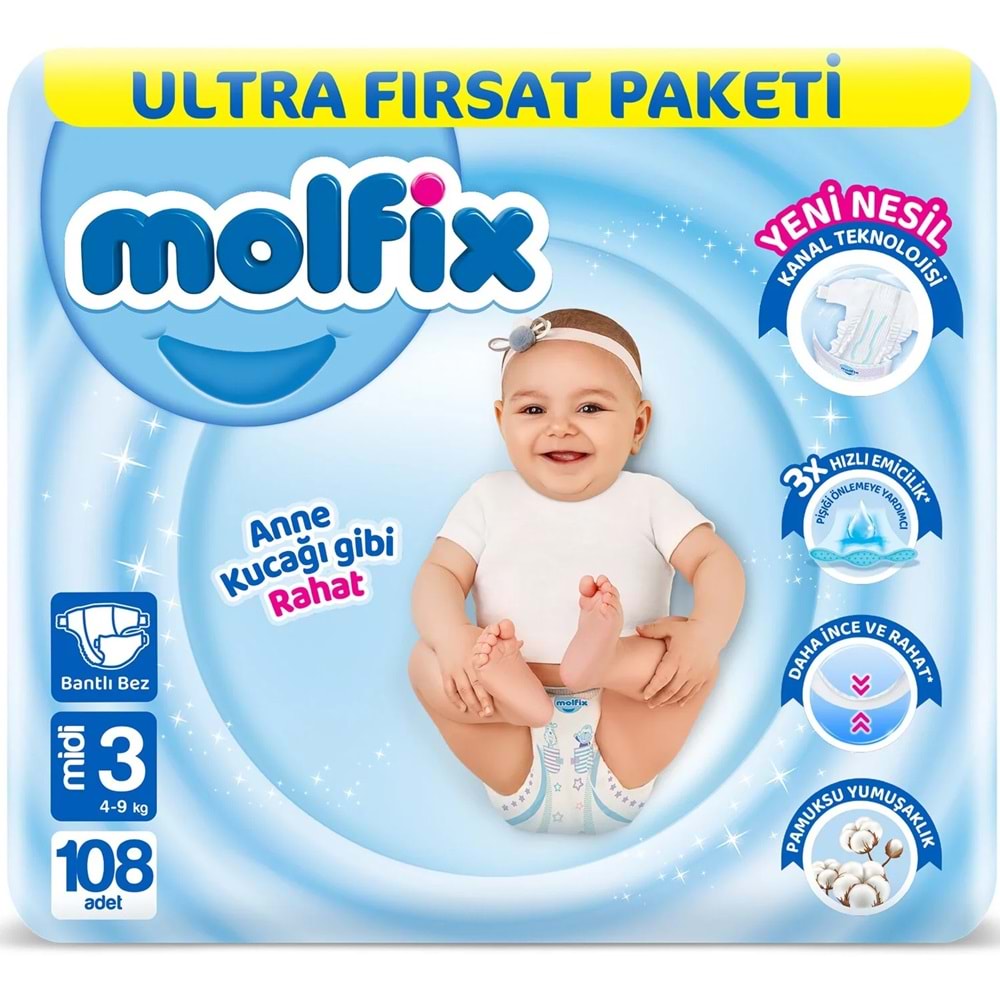 Molfix Bebek Bezi 3 Beden 4-9 KG Midi 108 Adet Ultra Fırsat Pk