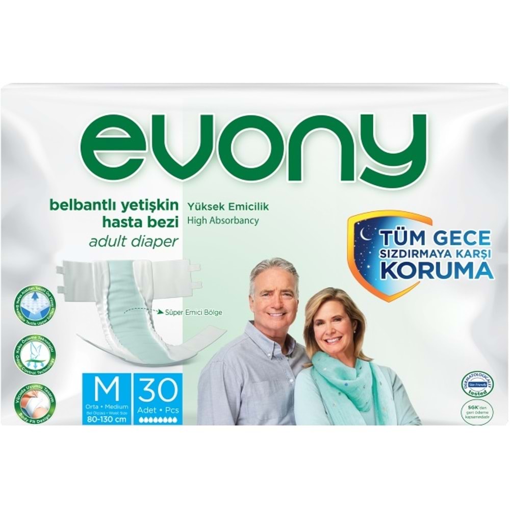 Evony Yetişkin Bezi Bel Bantlı Tekstil Yüzey M - Orta - Medium 30 Adet Tekli Pk