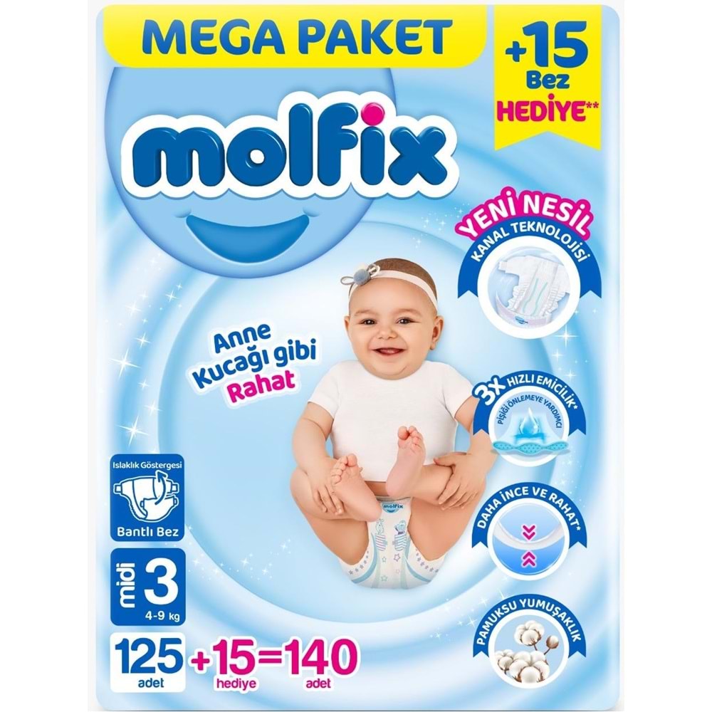 Molfix Bebek Bezi 3 Beden 4-9 KG Midi 140 Adet Pk Mega Pk