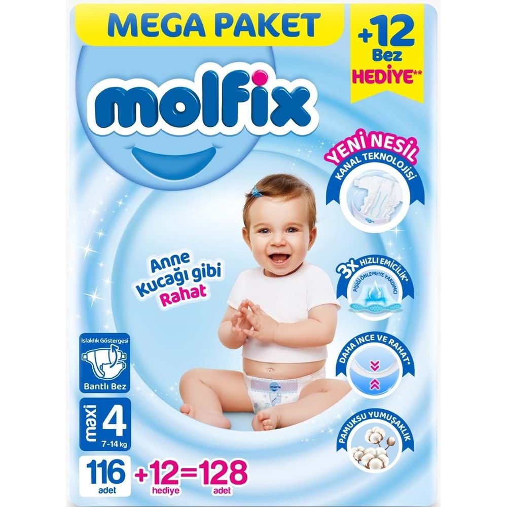 Molfix Bebek Bezi 4 Beden 7-14 KG Maxi 128 Adet Mega Pk