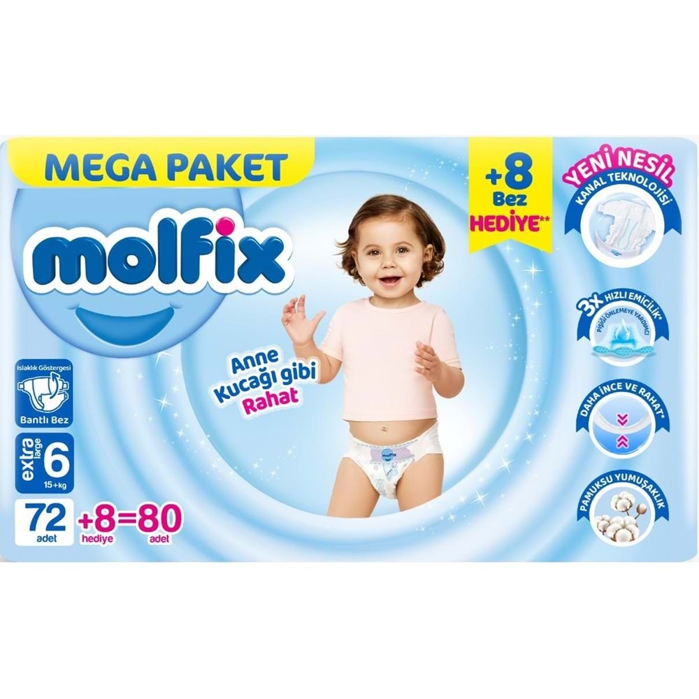 Molfix Bebek Bezi 6 Beden 15+ KG Extra Large 80 Adet Mega Pk