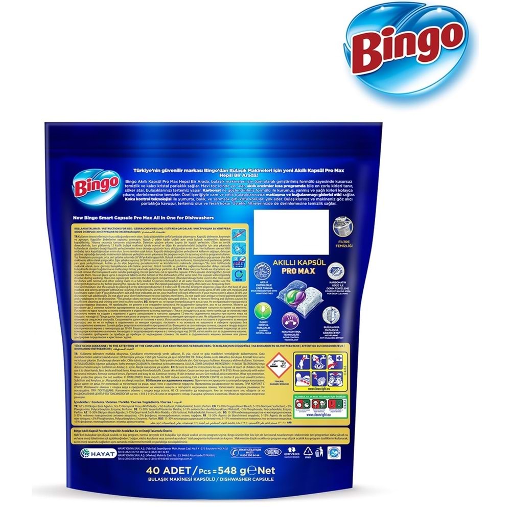 Bingo Akıllı Kapsül Pro Max Bulaşık Makinesi Deterjanı Tableti 40 Adet Limon Kokulu