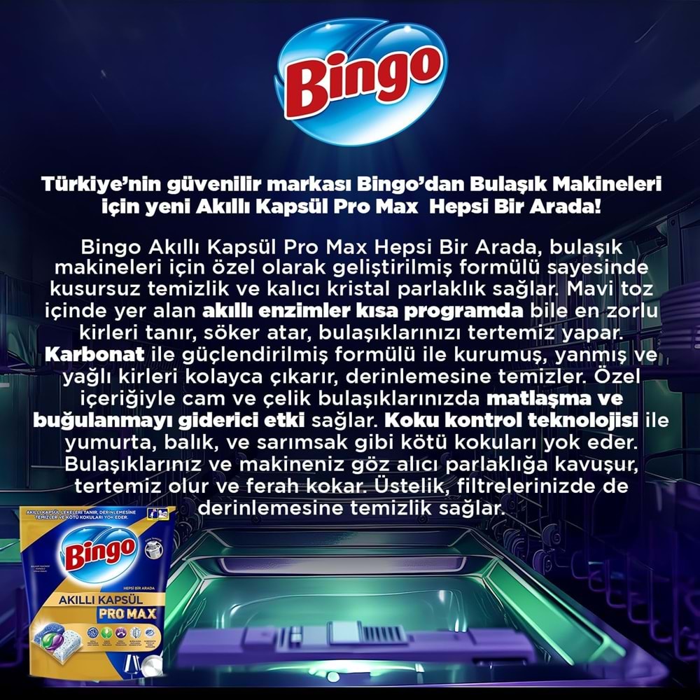 Bingo Akıllı Kapsül Pro Max Bulaşık Makinesi Deterjanı Tableti 60 Adet Limon Kokulu