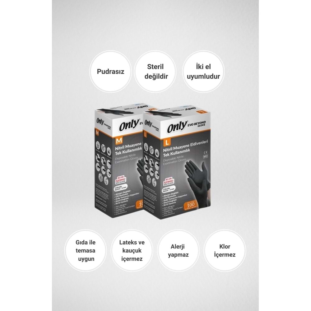 Only Evo Beyond Glove Nitril Siyah Pudrasız Muayene Eldiveni 100 Lü Pk M - Medium - Orta
