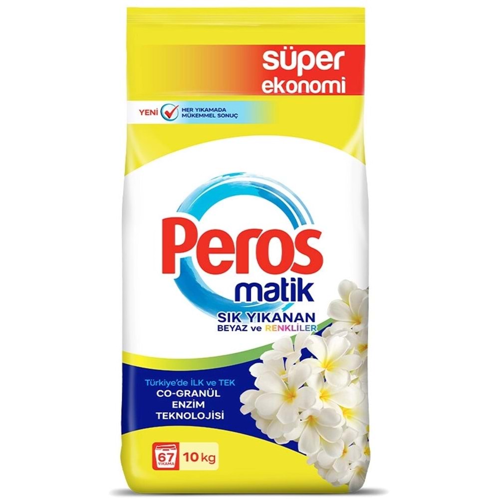 Peros Matik Toz Çamaşır Deterjanı 10KG Yasemin Çiçeği (Sık Yıkananlar Beyaz ve Renkliler) 67 Yıkama