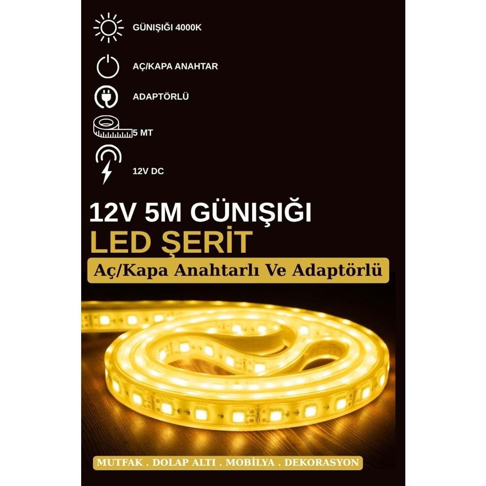 Mandaş 5 Metre Günışığı Şerit Led 3000K Mutfak Tezgah Üstü Dolap Altı İçin 12V Tam Set