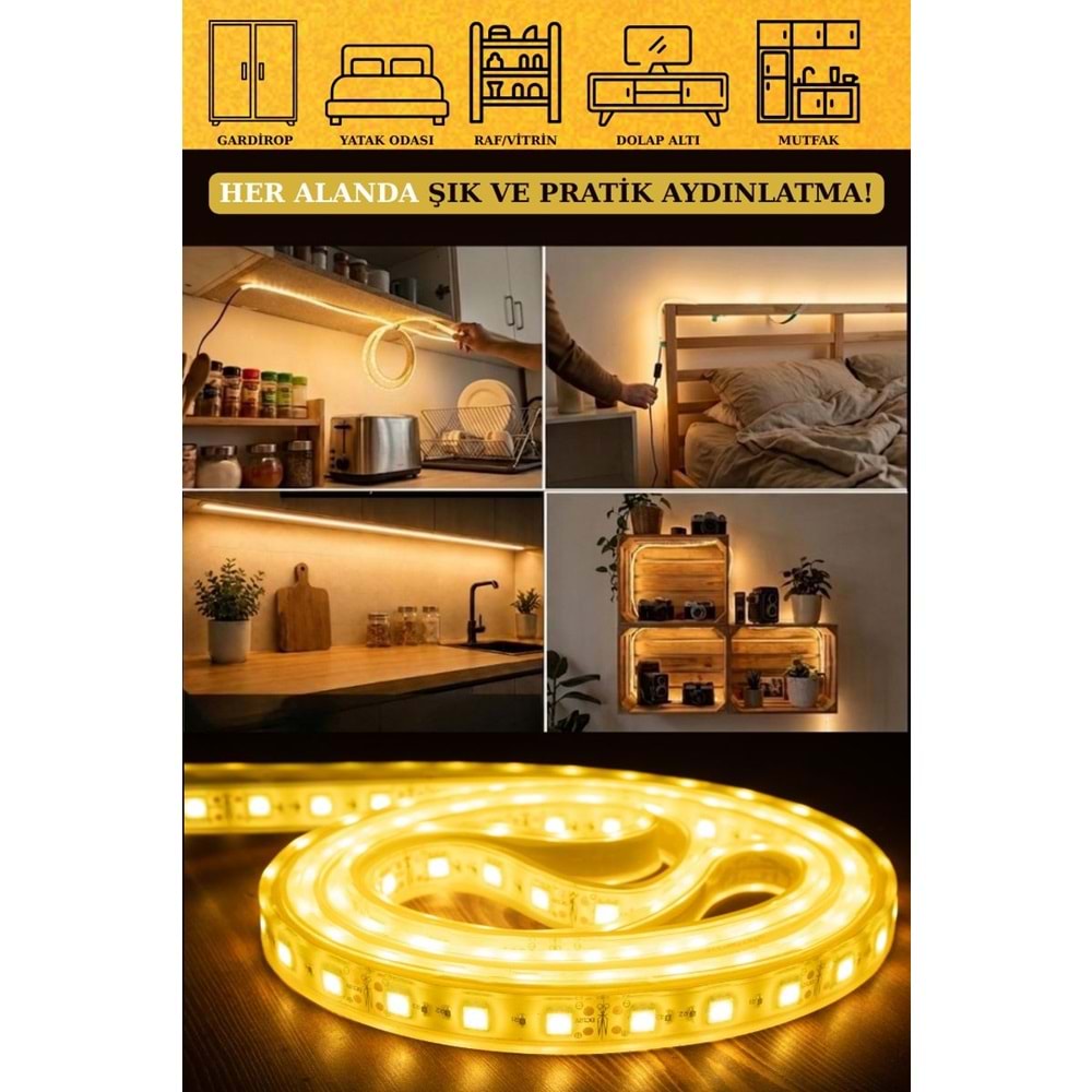 Mandaş 5 Metre Günışığı Şerit Led 3000K Mutfak Tezgah Üstü Dolap Altı İçin 12V Tam Set