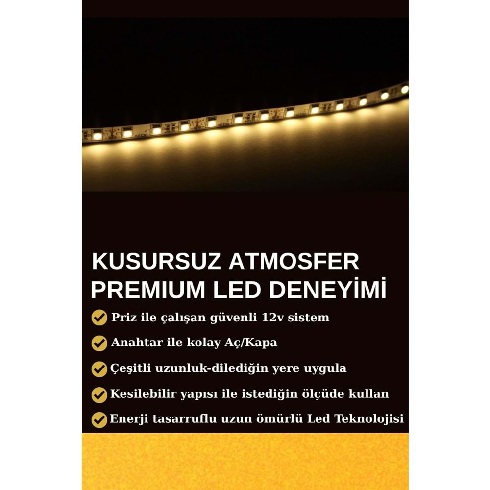 Silorien 5 Metre Günışığı Şerit LED Mutfak Dolabı Tezgah Üstü Adaptörlü Aç Kapa Düğmeli Tak Çalıştır