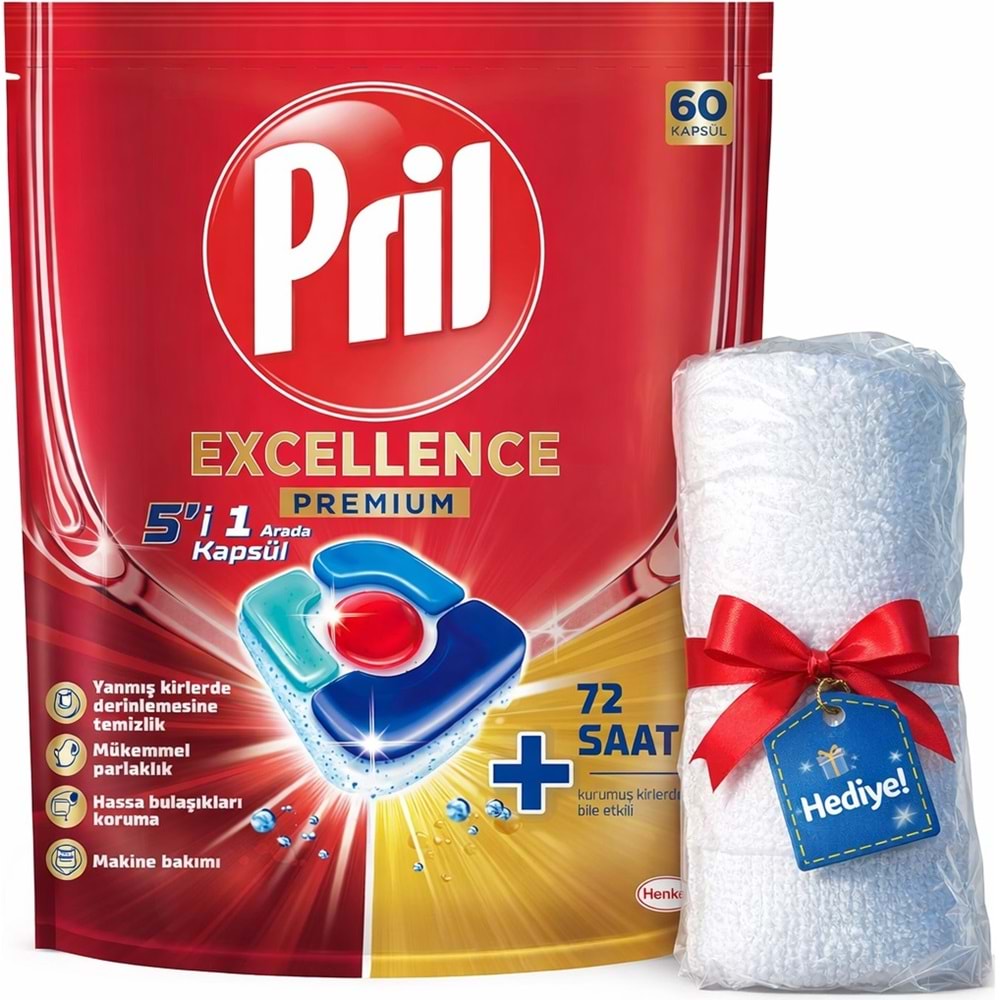 Pril Bulaşık Makinesi Deterjanı Kapsül Tablet Excellence Premium 5 i 1 Arada 60 Adet + Havlu Hediye