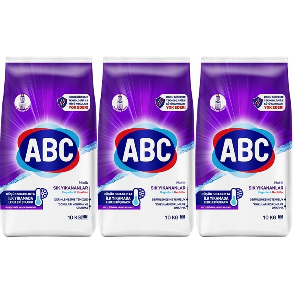 Abc Matik Toz Çamaşır Deterjanı 30KG (3PK*10KG) Sık Yıkananlar Beyazlar & Renkliler (198 Yıkama)