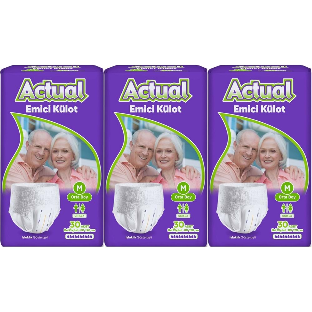 Actual Emici Külot Yetişkin Bezi M - Medium - Orta (Islaklık Göstergeli) 90 Adet (3PK*30)