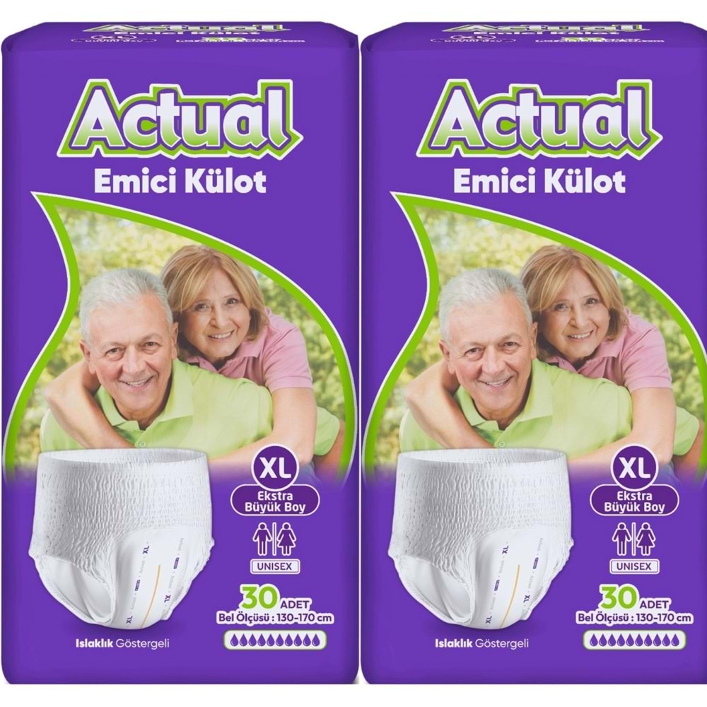 Actual Emici Külot Yetişkin Bezi XL - Extra Large - Ekstra Büyük (Islaklık Göstergeli) 60 Adet (2PK*30)