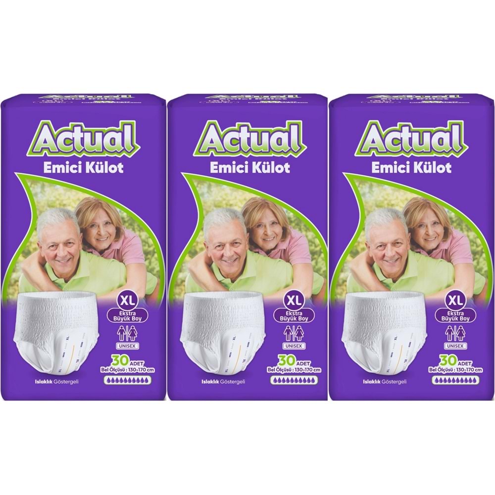 Actual Emici Külot Yetişkin Bezi XL - Extra Large - Ekstra Büyük (Islaklık Göstergeli) 90 Adet (3PK*30)