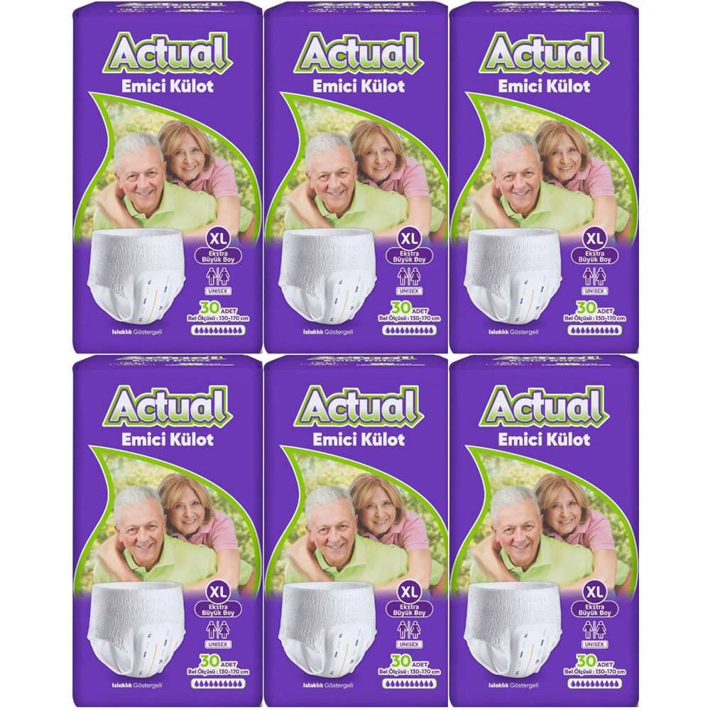 Actual Emici Külot Yetişkin Bezi XL - Extra Large - Ekstra Büyük (Islaklık Göstergeli) 180 Adet (6PK*30)
