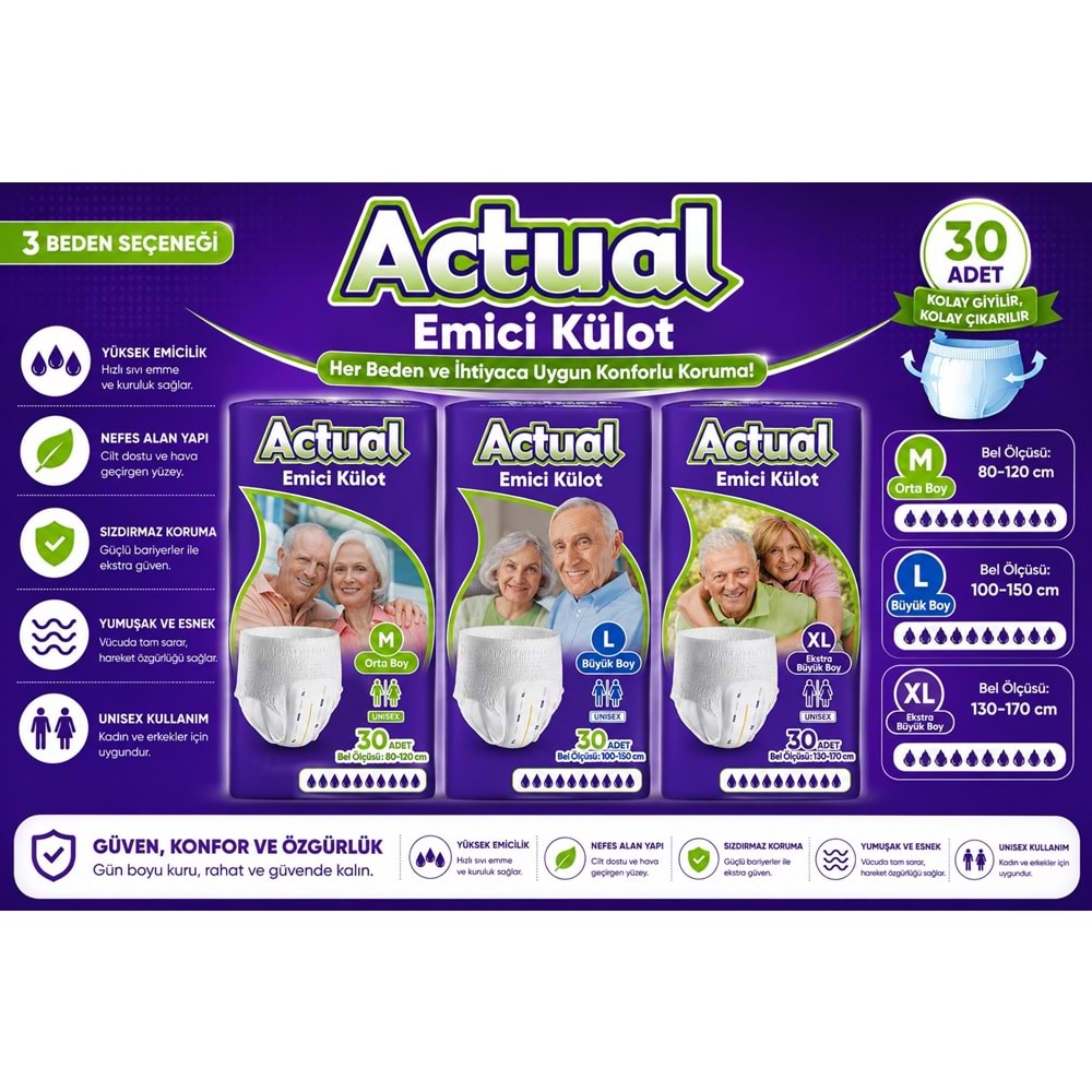 Actual Emici Külot Yetişkin Bezi XL - Extra Large - Ekstra Büyük (Islaklık Göstergeli) 240 Adet