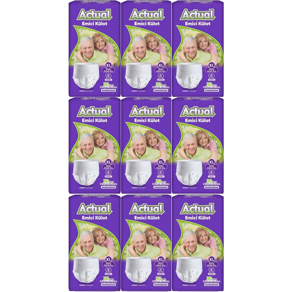 Actual Emici Külot Yetişkin Bezi XL - Extra Large - Ekstra Büyük (Islaklık Göstergeli) 270 Adet (9PK*30)