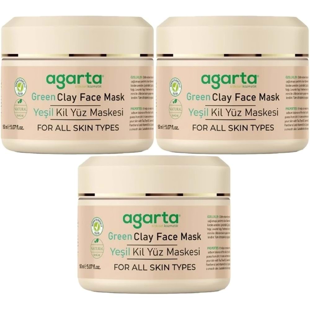 Agarta Doğal Yeşil Kil Yüz Maskesi 150ML (3 Lü Set)