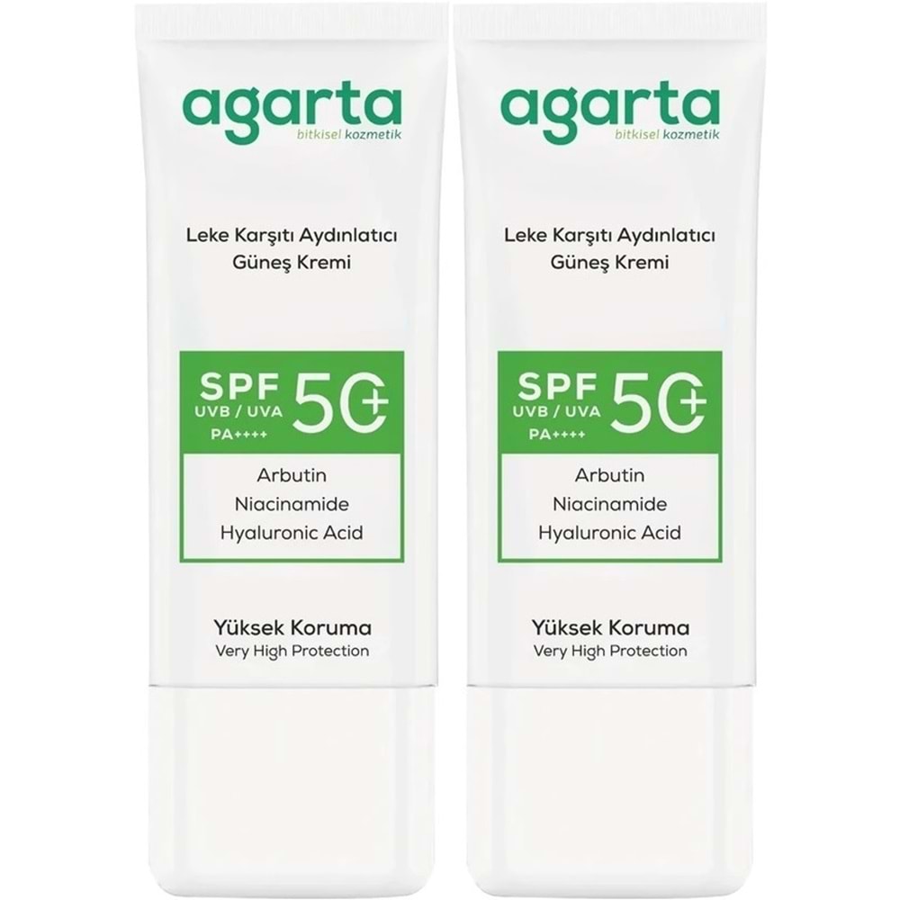 Agarta Leke Karşıtı Aydınlatıcı Spf+50 Faktör Yüz Güneş Kremi 50 ML (2 Li Set)