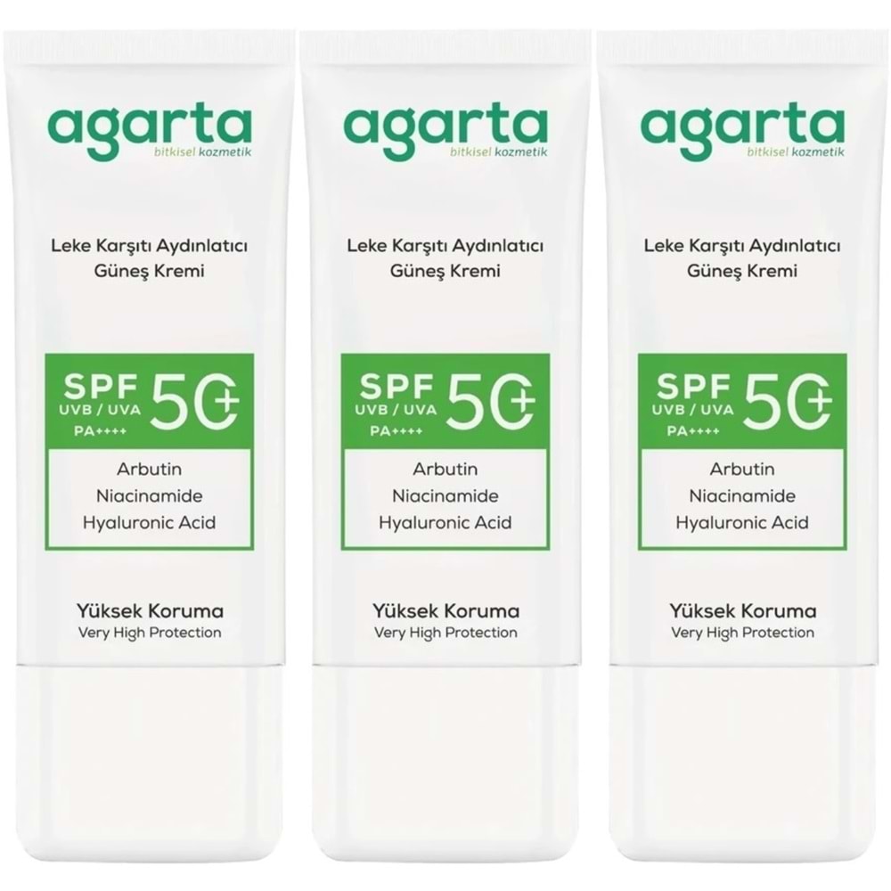 Agarta Leke Karşıtı Aydınlatıcı Spf+50 Faktör Yüz Güneş Kremi 50 ML (3 Lü Set)
