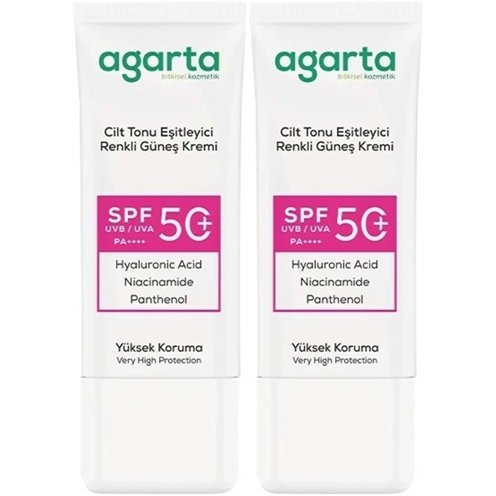 Agarta Cilt Tonu Eşitleyici Renkli Kapatıcı Etkili Spf+50 Faktör Güneş Kremi 50 ML (2 Li Set)