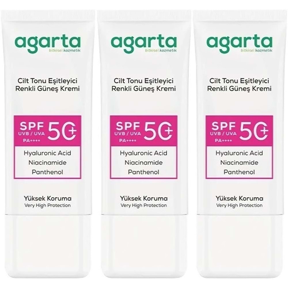 Agarta Cilt Tonu Eşitleyici Renkli Kapatıcı Etkili Spf+50 Faktör Güneş Kremi 50 ML (3 Lü Set)