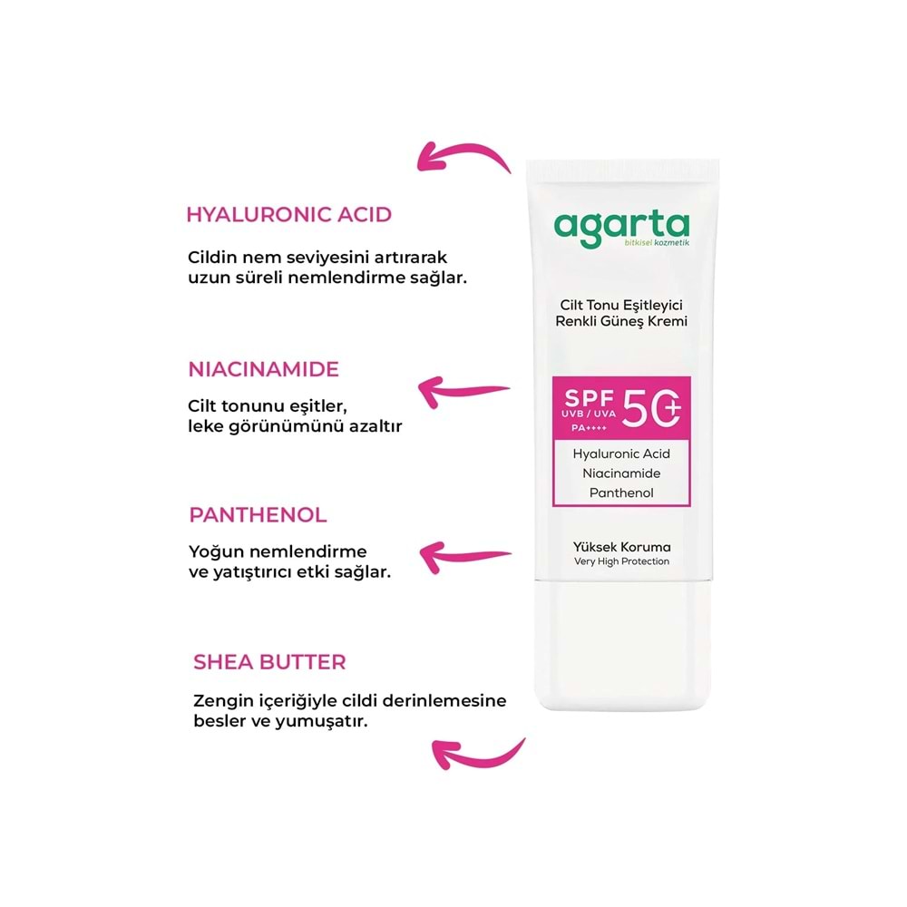 Agarta Cilt Tonu Eşitleyici Renkli Kapatıcı Etkili Spf+50 Faktör Güneş Kremi 50 ML (3 Lü Set)