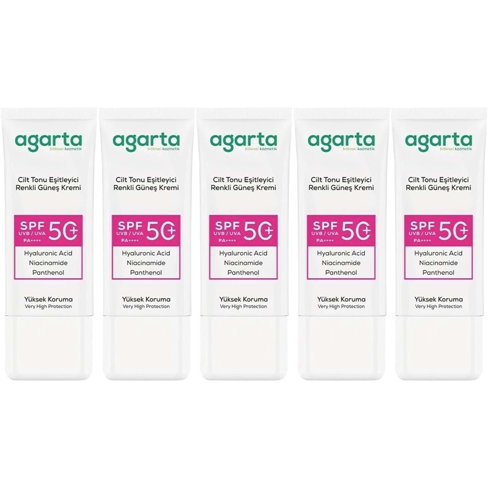 Agarta Cilt Tonu Eşitleyici Renkli Kapatıcı Etkili Spf+50 Faktör Güneş Kremi 50 ML (5 Li Set)