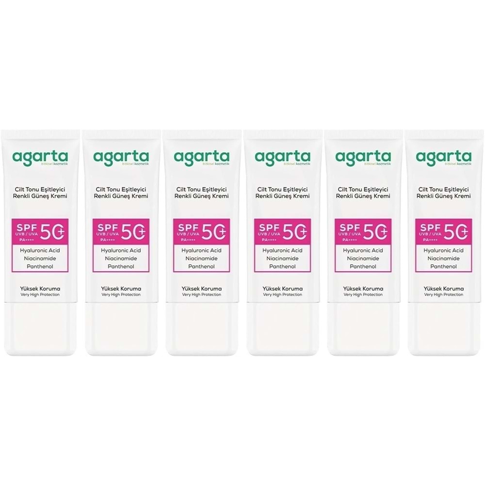 Agarta Cilt Tonu Eşitleyici Renkli Kapatıcı Etkili Spf+50 Faktör Güneş Kremi 50 ML (6 Lı Set)
