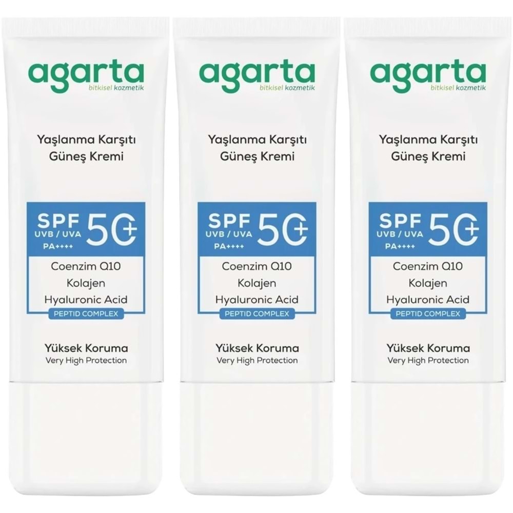 Agarta Yaşlanma Karşıtı Collagen Destekli Spf+50 Faktör Yüz Güneş Kremi 50 ML (3 Lü Set)