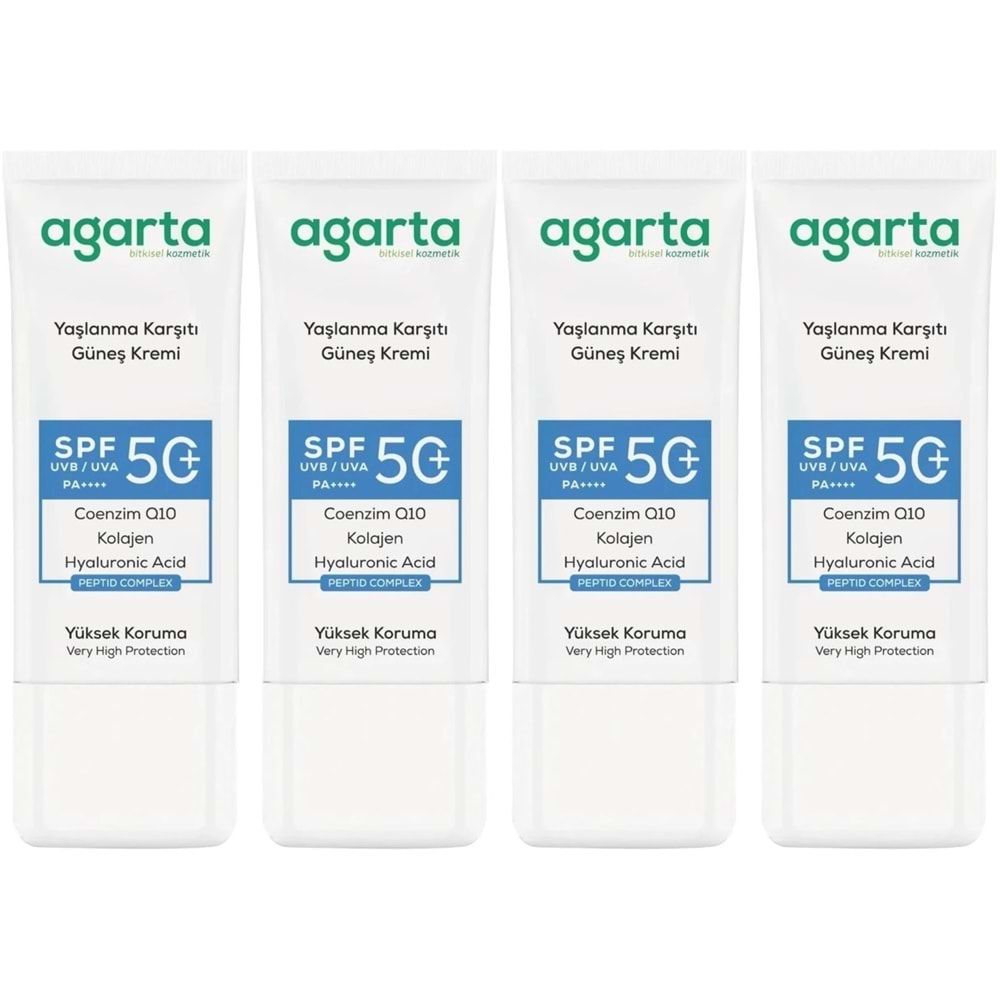 Agarta Yaşlanma Karşıtı Collagen Destekli Spf+50 Faktör Yüz Güneş Kremi 50 ML (4 Lü Set)