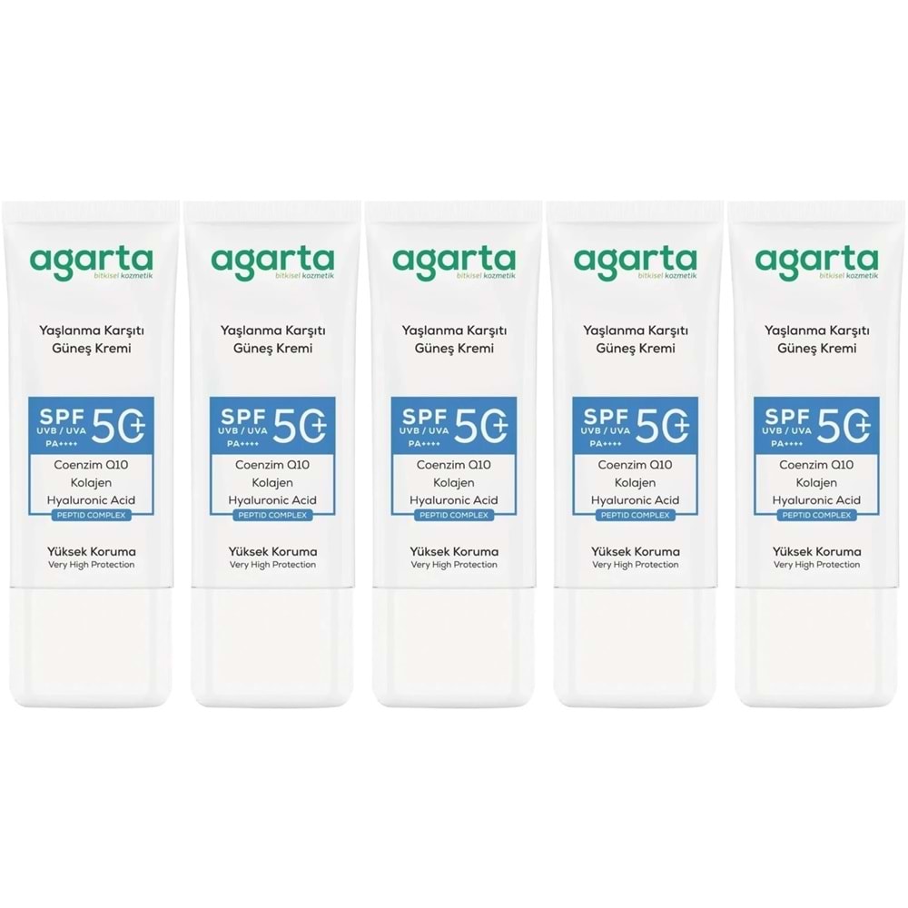 Agarta Yaşlanma Karşıtı Collagen Destekli Spf+50 Faktör Yüz Güneş Kremi 50 ML (5 Li Set)